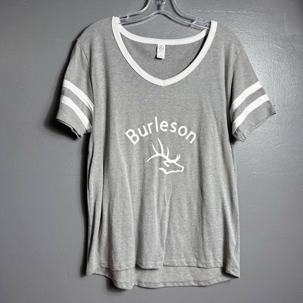 Burleson Texas Graphic Tee Shirt Small Grey White Stripe Sleeve V-Neck